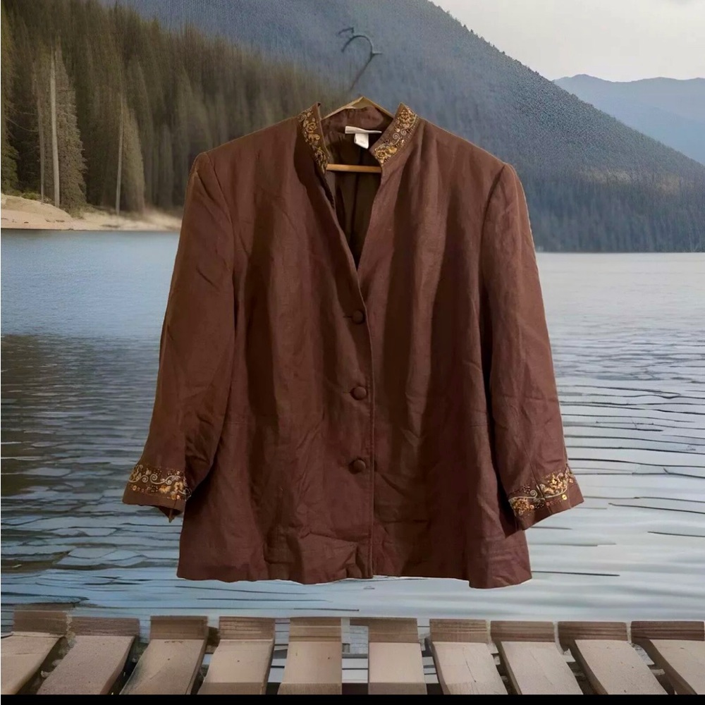 Dress Barn Women’s Brown Embroidered Jacket Light Weight Button Up High Collar.
